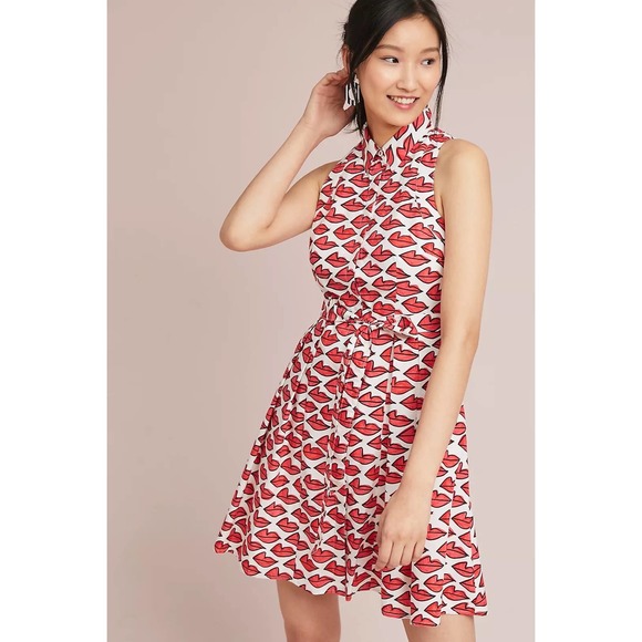Anthropologie Dresses & Skirts - Anthropologie Ann Howell Bullard Smooched Shirt Dress Size 0 White Red Lip Print